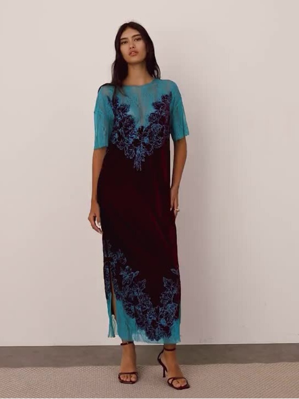 ASOS Teal and Burgundy Midi Dress with Floral Lace